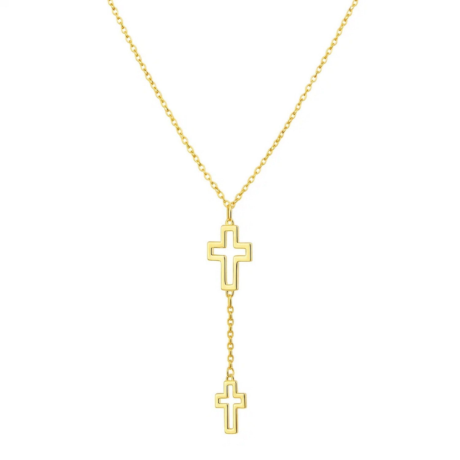 Double Cross Drop Necklace in 14K Yellow Gold in a sleek high-contrast midnight luxury editorial style